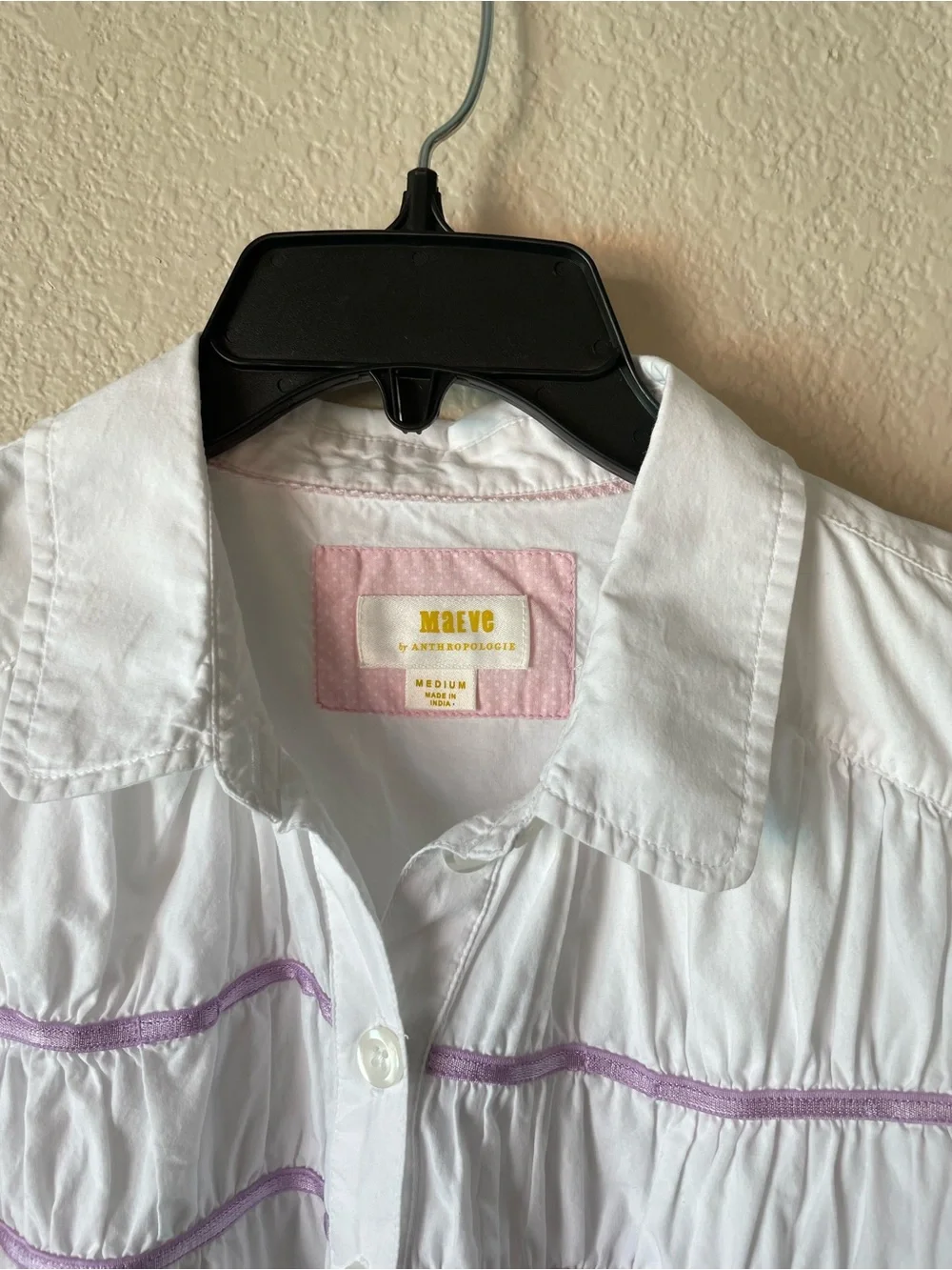 Anthropologie Maeve Leandra Yoke Shirred Blouse White Purple Ribbon Combo
